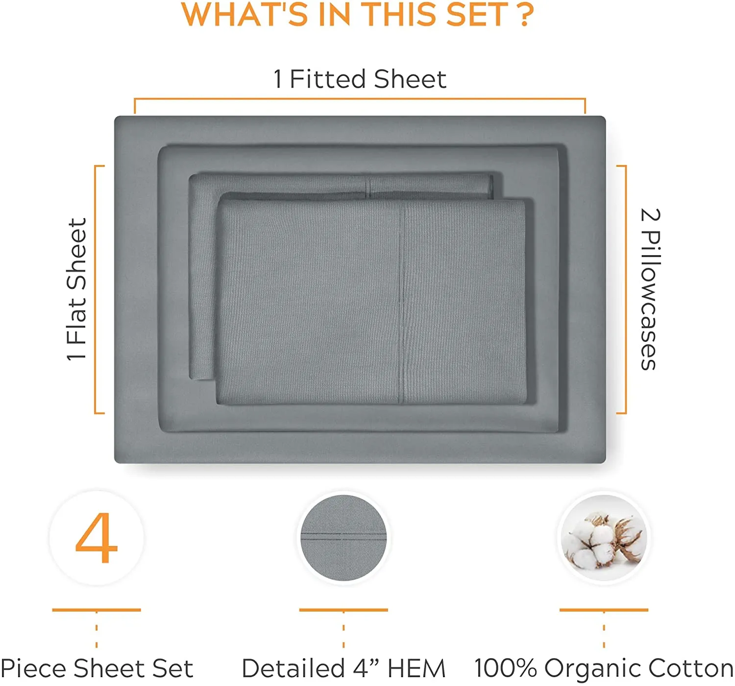 100% Organic Cotton Sheets - 4 Piece Bedding Set, Deep Pocket with All-Around Elastic, Full, Dark Grey