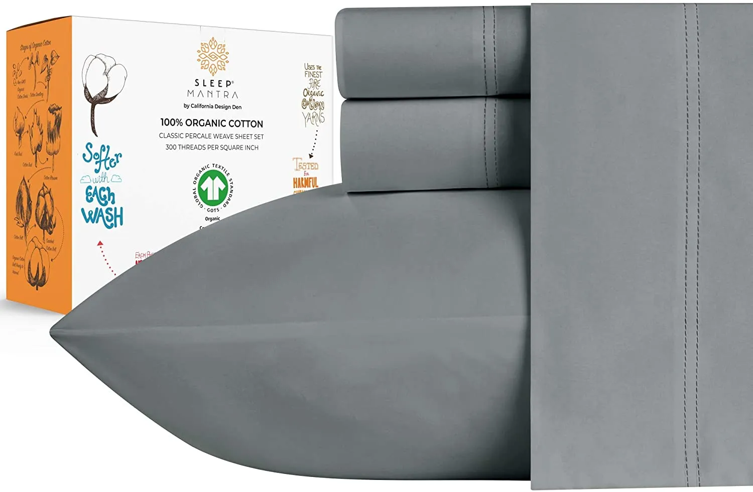 100% Organic Cotton Sheets - 4 Piece Bedding Set, Deep Pocket with All-Around Elastic, Full, Dark Grey