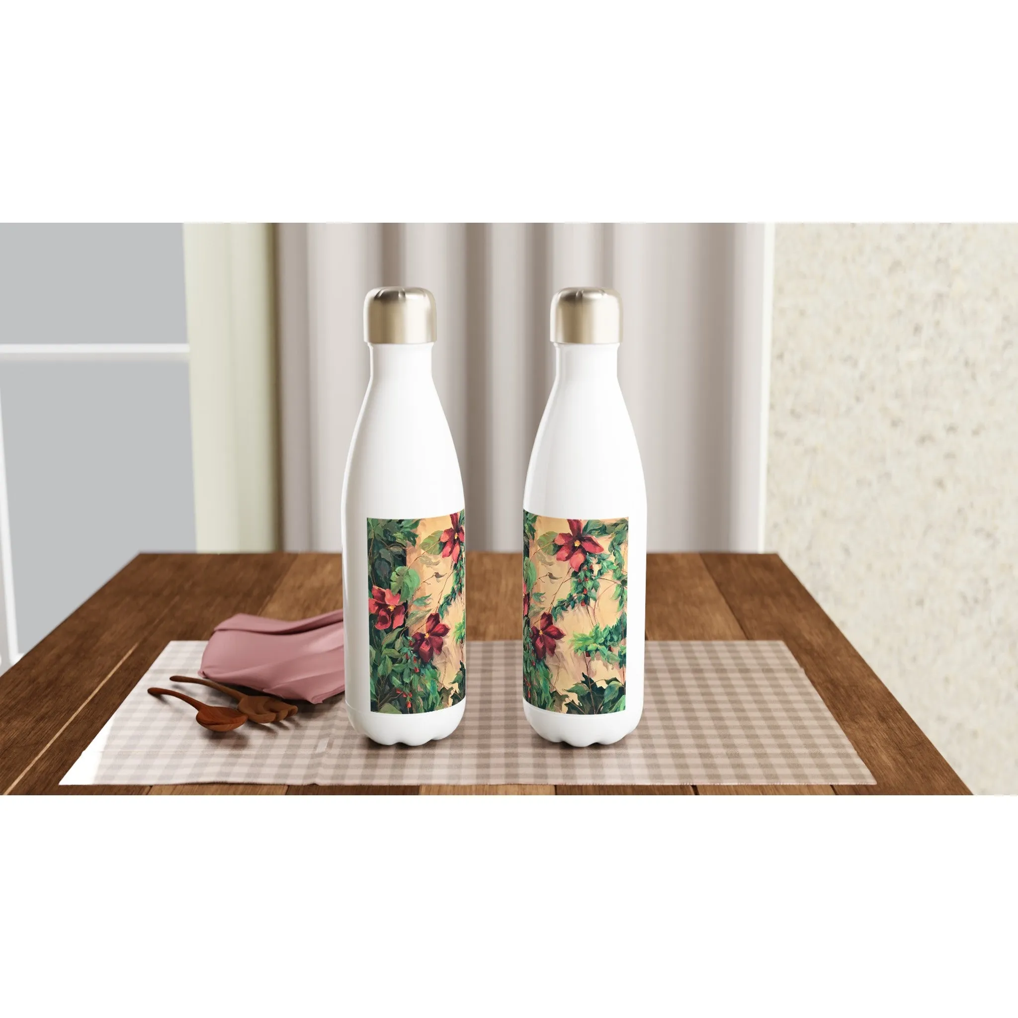 17oz White Stainless Steel Bottle with 'Climatis' Floral Artwork by American Artist Barbara Cleary