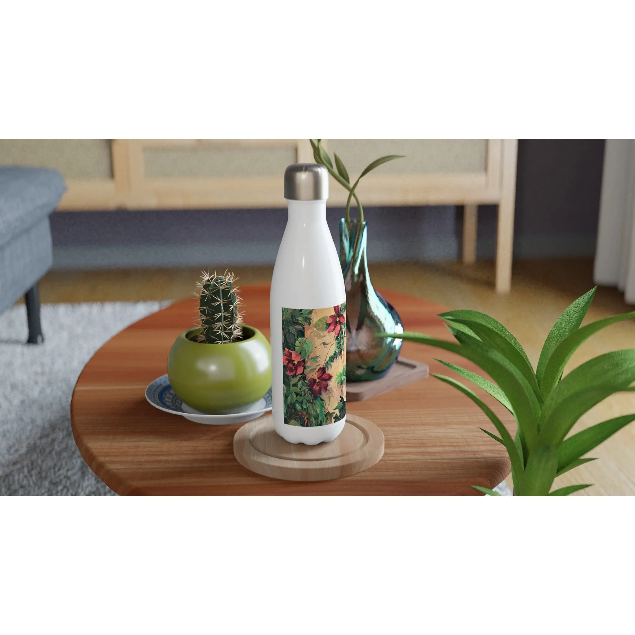 17oz White Stainless Steel Bottle with 'Climatis' Floral Artwork by American Artist Barbara Cleary