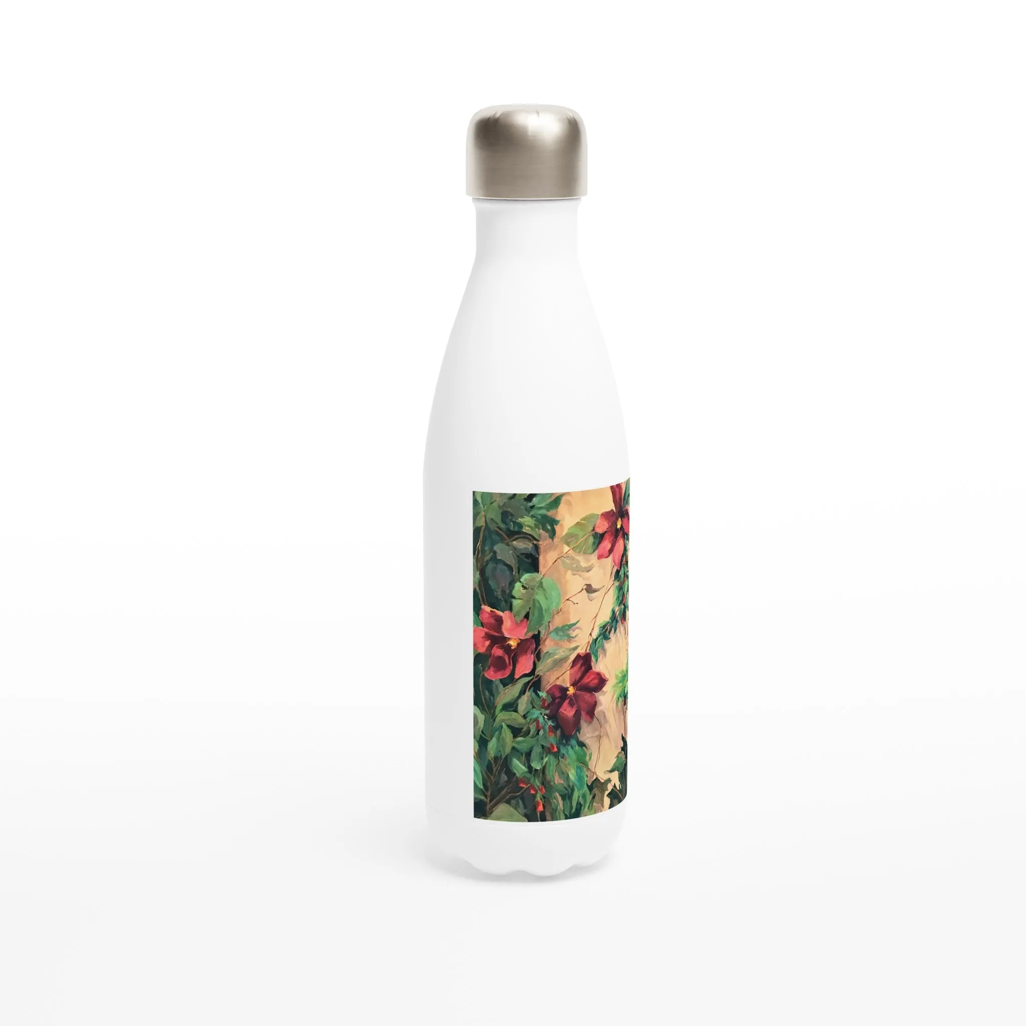 17oz White Stainless Steel Bottle with 'Climatis' Floral Artwork by American Artist Barbara Cleary