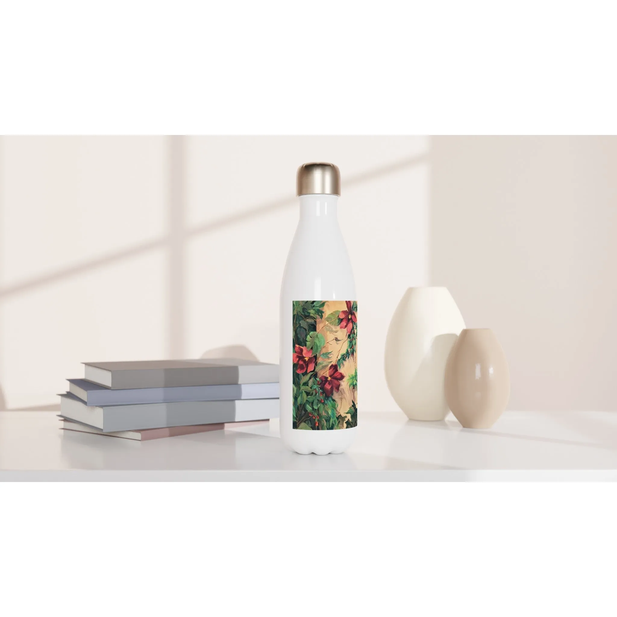 17oz White Stainless Steel Bottle with 'Climatis' Floral Artwork by American Artist Barbara Cleary
