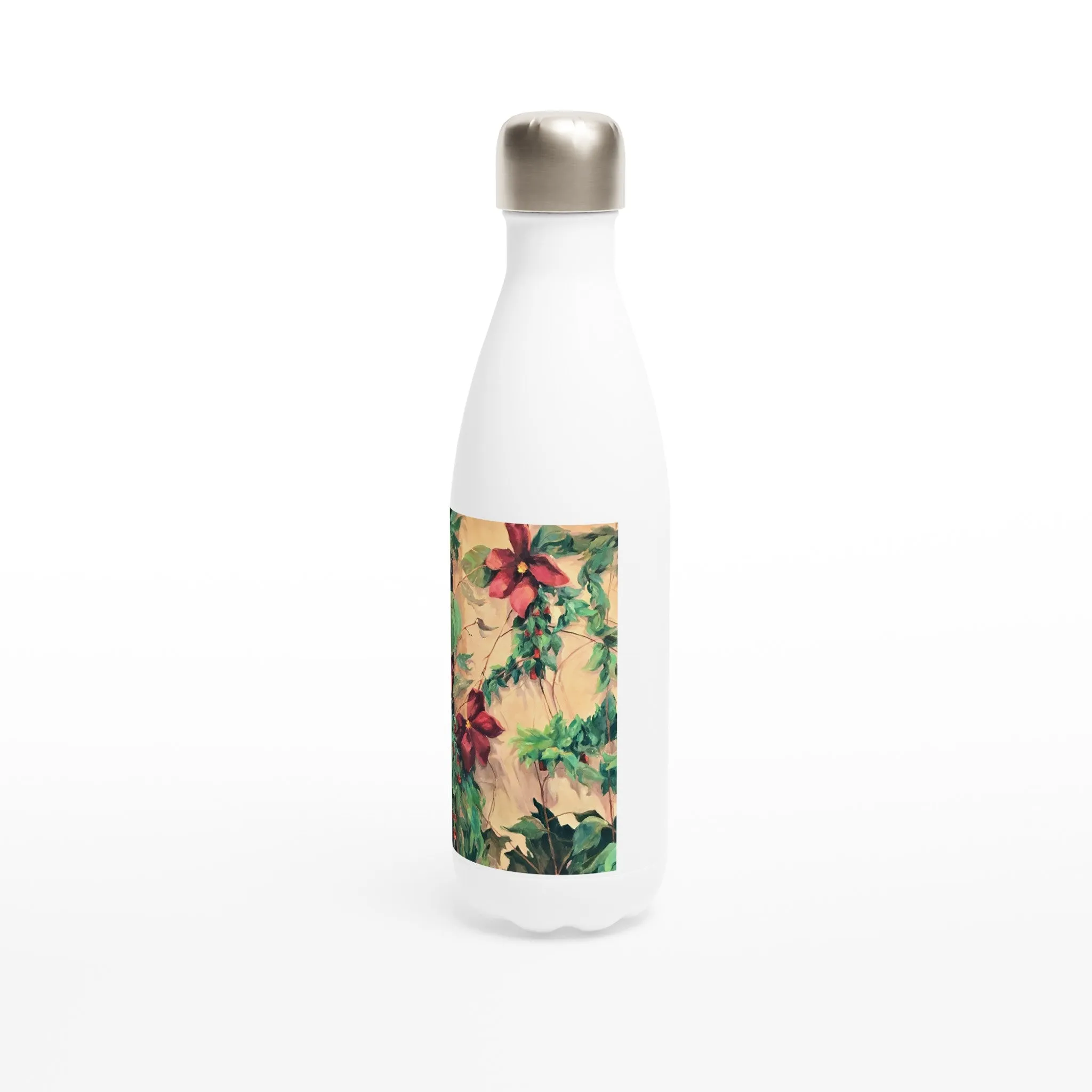 17oz White Stainless Steel Bottle with 'Climatis' Floral Artwork by American Artist Barbara Cleary