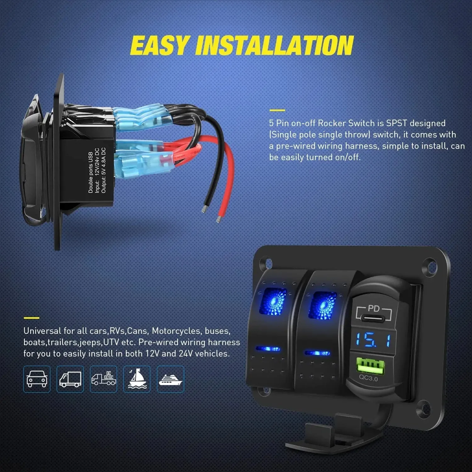 2Gang Blue Rocker Switch Panel w/ PD Type C | USB Charger Voltmeter