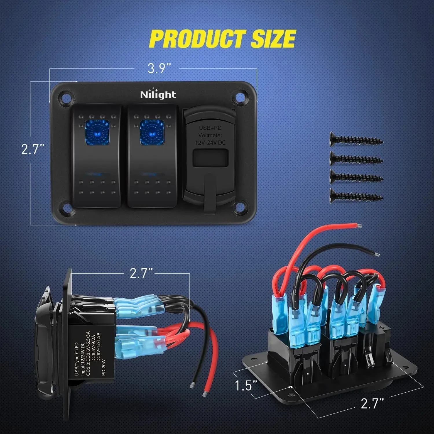2Gang Blue Rocker Switch Panel w/ PD Type C | USB Charger Voltmeter