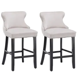 2x Velvet Upholstered Button Tufted Bar Stools | with Wood Legs and Studs | Beige