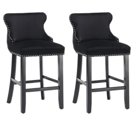 2x Velvet Upholstered Button Tufted Bar Stools | with Wood Legs and Studs | Black