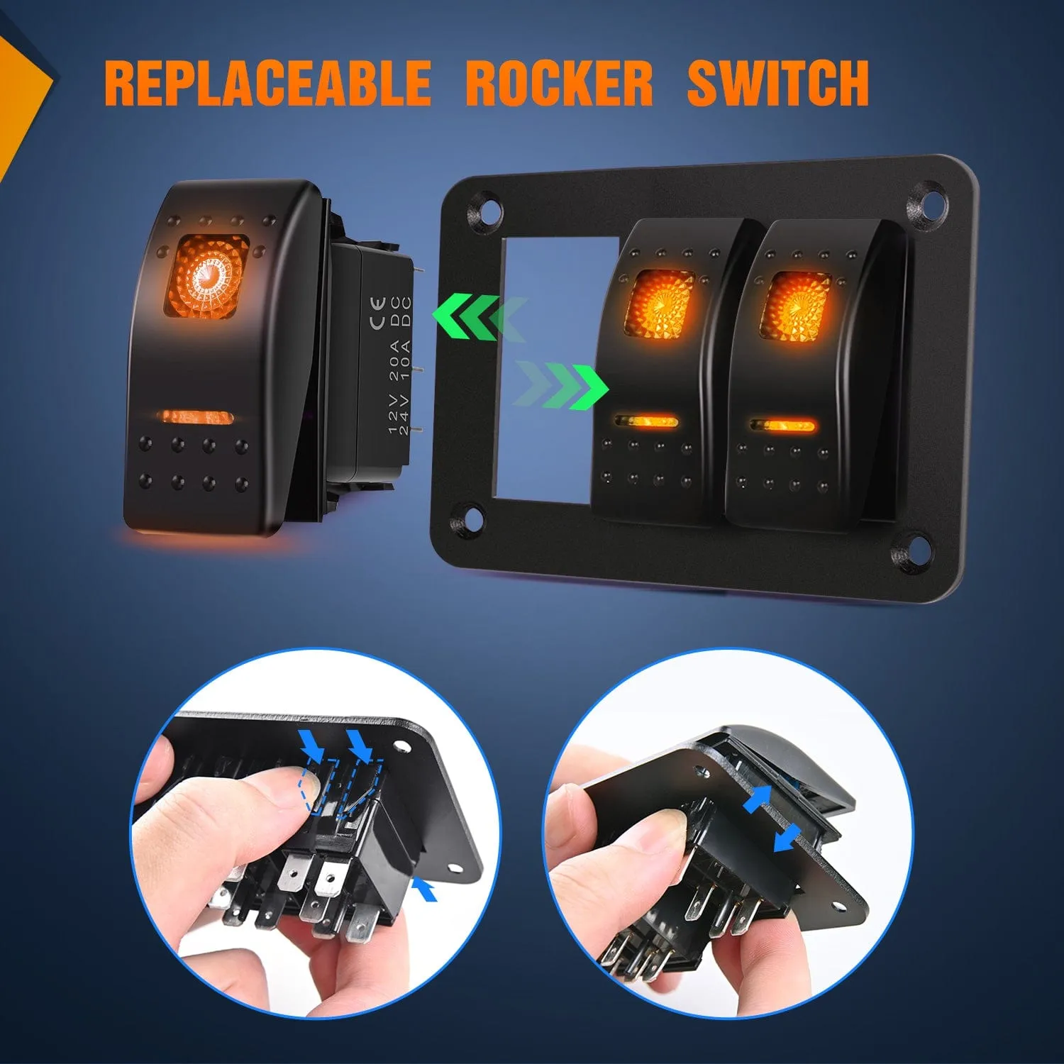3Gang Aluminum 5Pin ON/Off Rocker Switch Panel Orange
