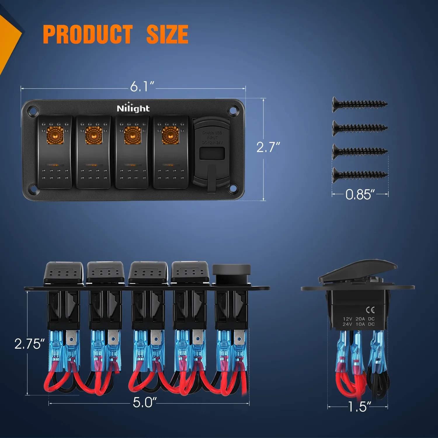 4 Gang Switch Panel With QC3.0 & PD Charger And Voltmerter with Orange Backlit