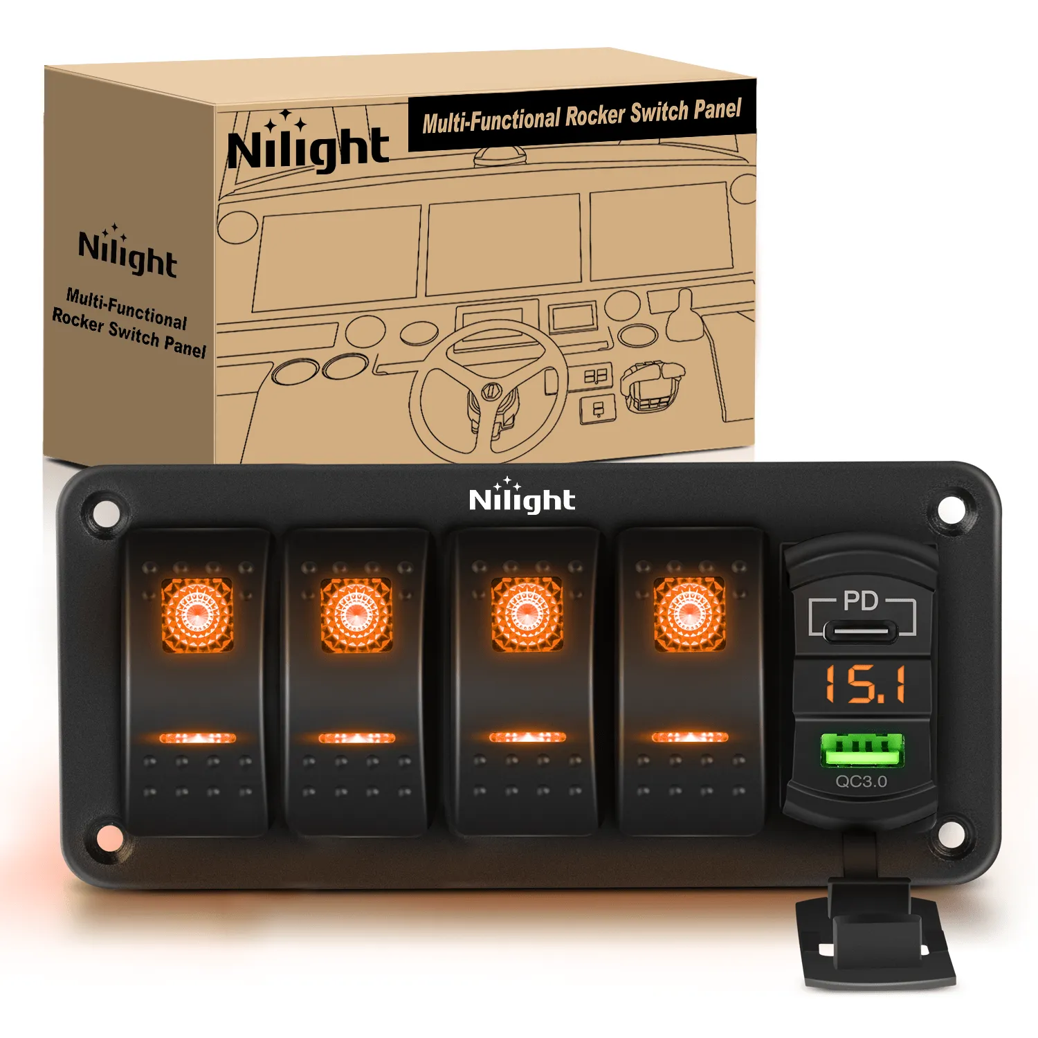 4 Gang Switch Panel With QC3.0 & PD Charger And Voltmerter with Orange Backlit