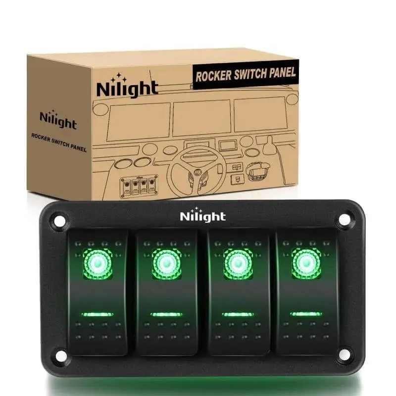 4Gang Aluminum 5Pin ON/Off Green Rocker Switch Panel