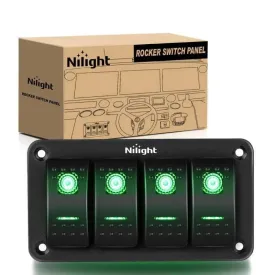 4Gang Aluminum 5Pin ON/Off Green Rocker Switch Panel