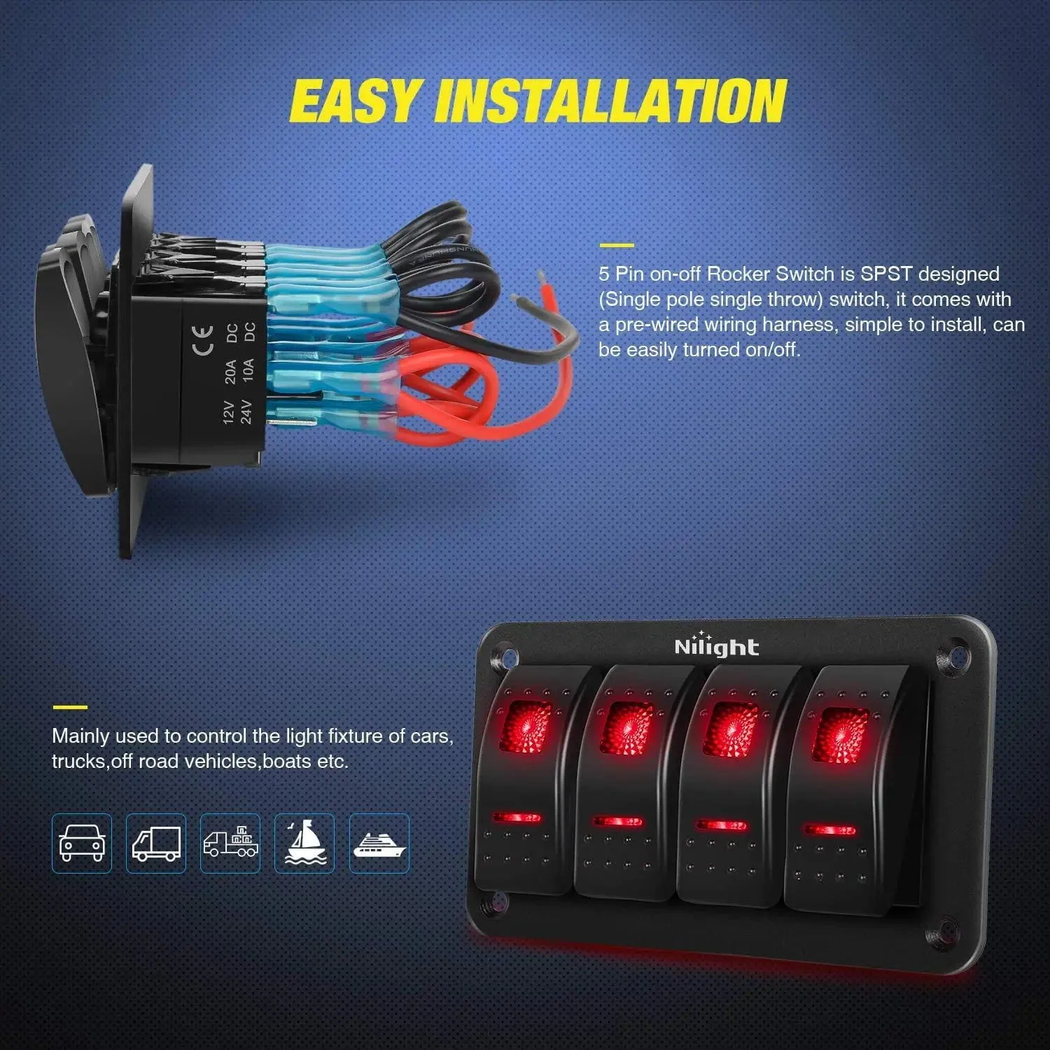4Gang Aluminum 5Pin ON/Off Red Rocker Switch Panel