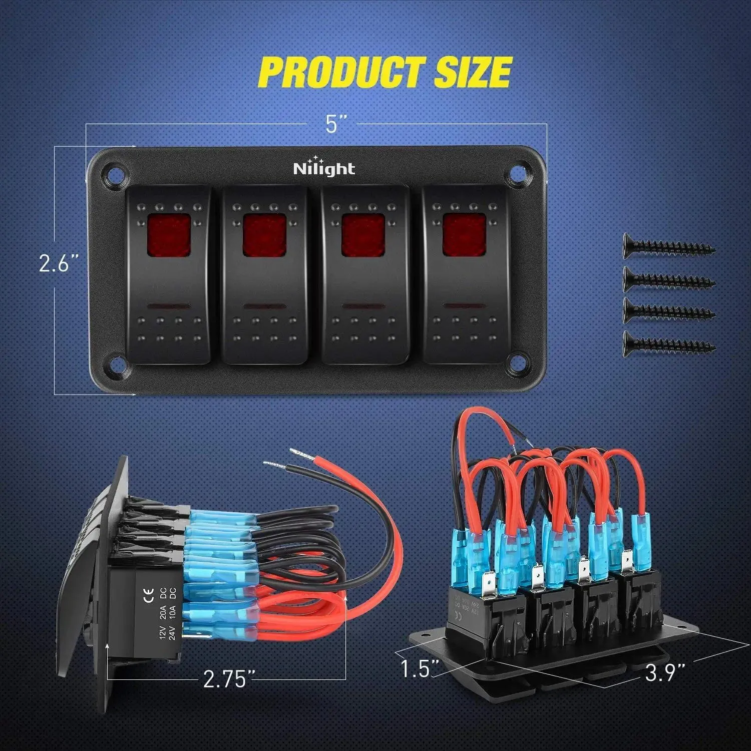 4Gang Aluminum 5Pin ON/Off Red Rocker Switch Panel