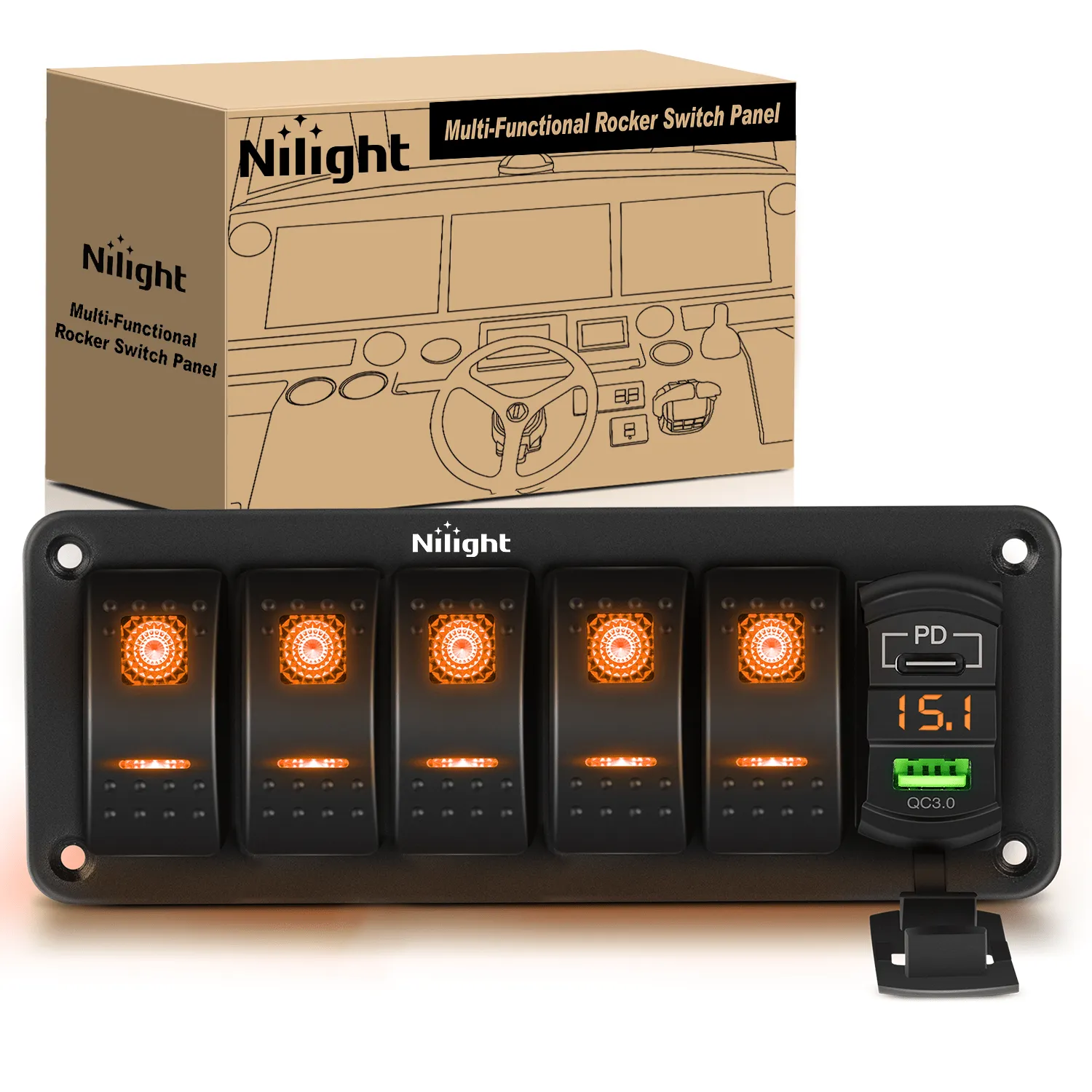 5 Gang Switch Panel With QC3.0 & PD Charger And Voltmerter with Orange Backlit