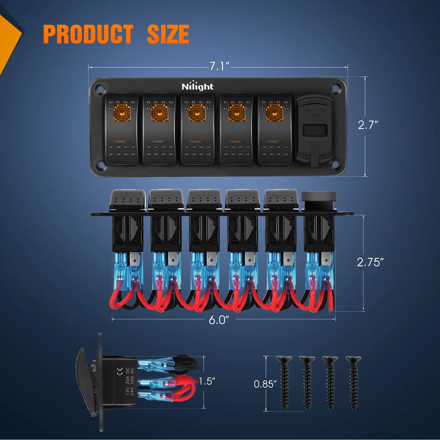5 Gang Switch Panel With QC3.0 & PD Charger And Voltmerter with Orange Backlit
