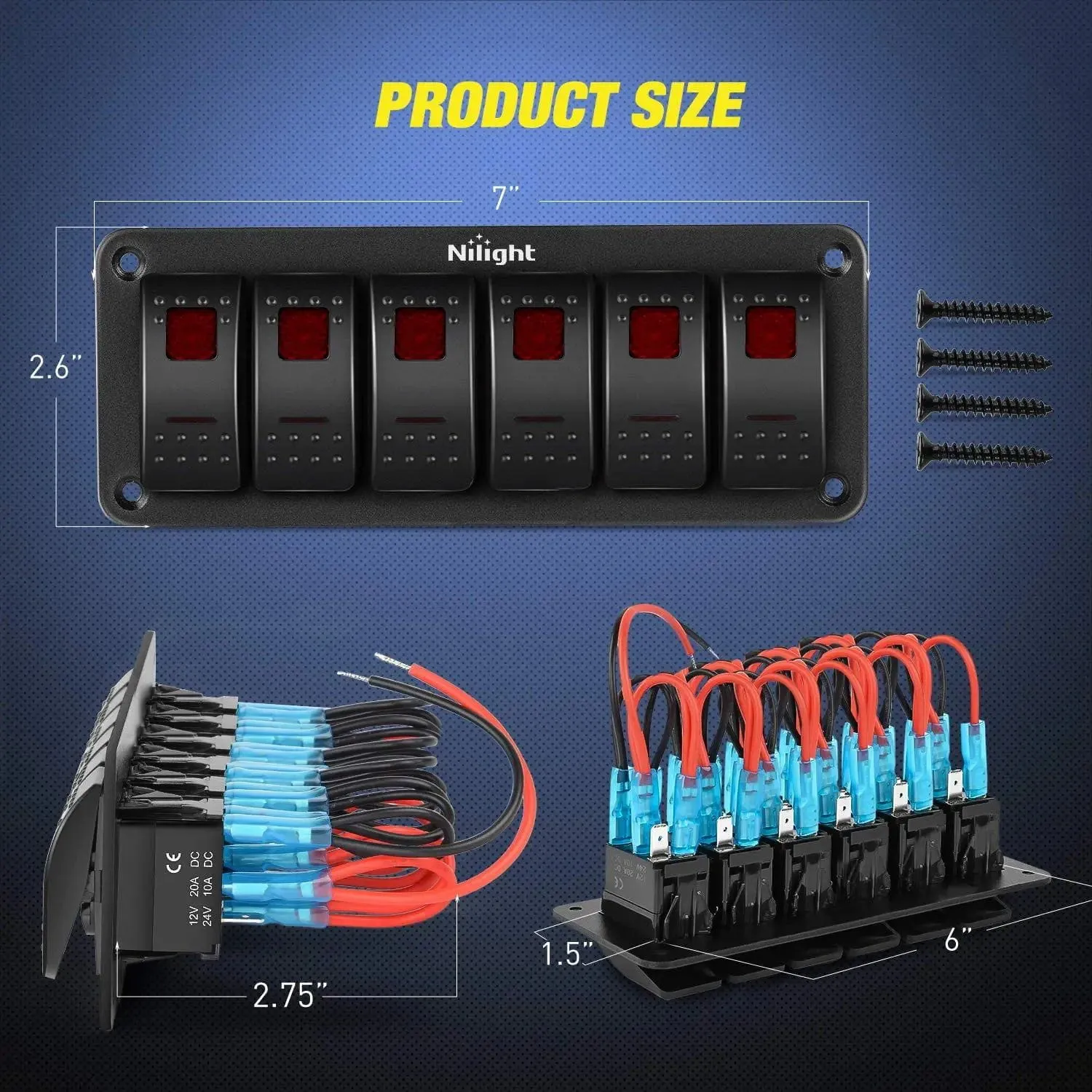 6Gang Aluminum 5Pin ON/Off Red Rocker Switch Panel