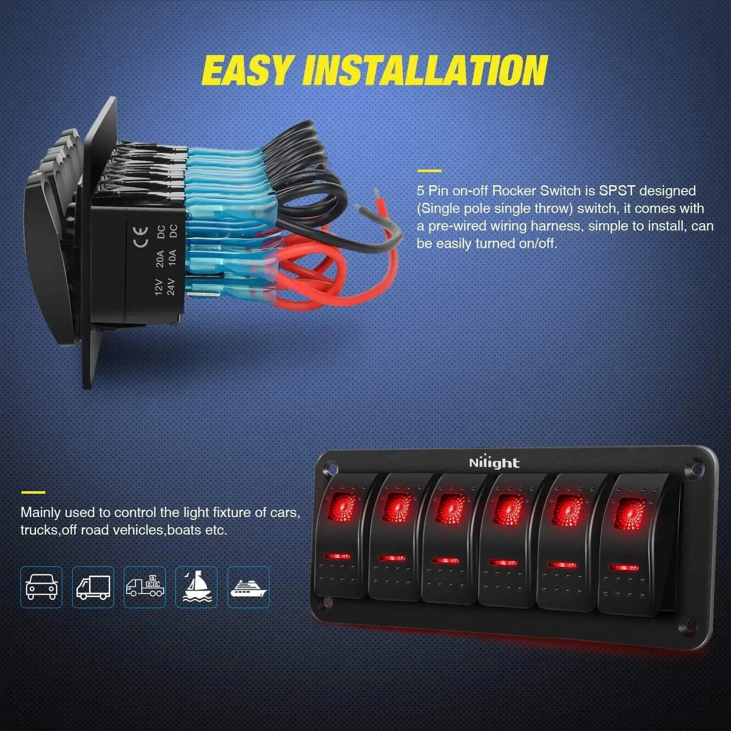 6Gang Aluminum 5Pin ON/Off Red Rocker Switch Panel