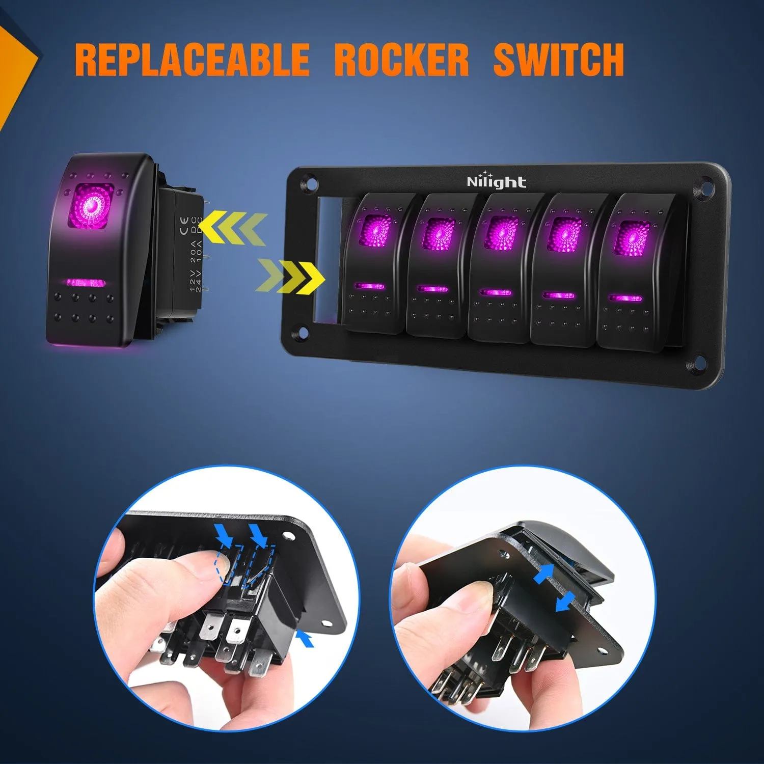 6Gang Aluminum 5Pin ON/Off Rocker Switch Panel Purple