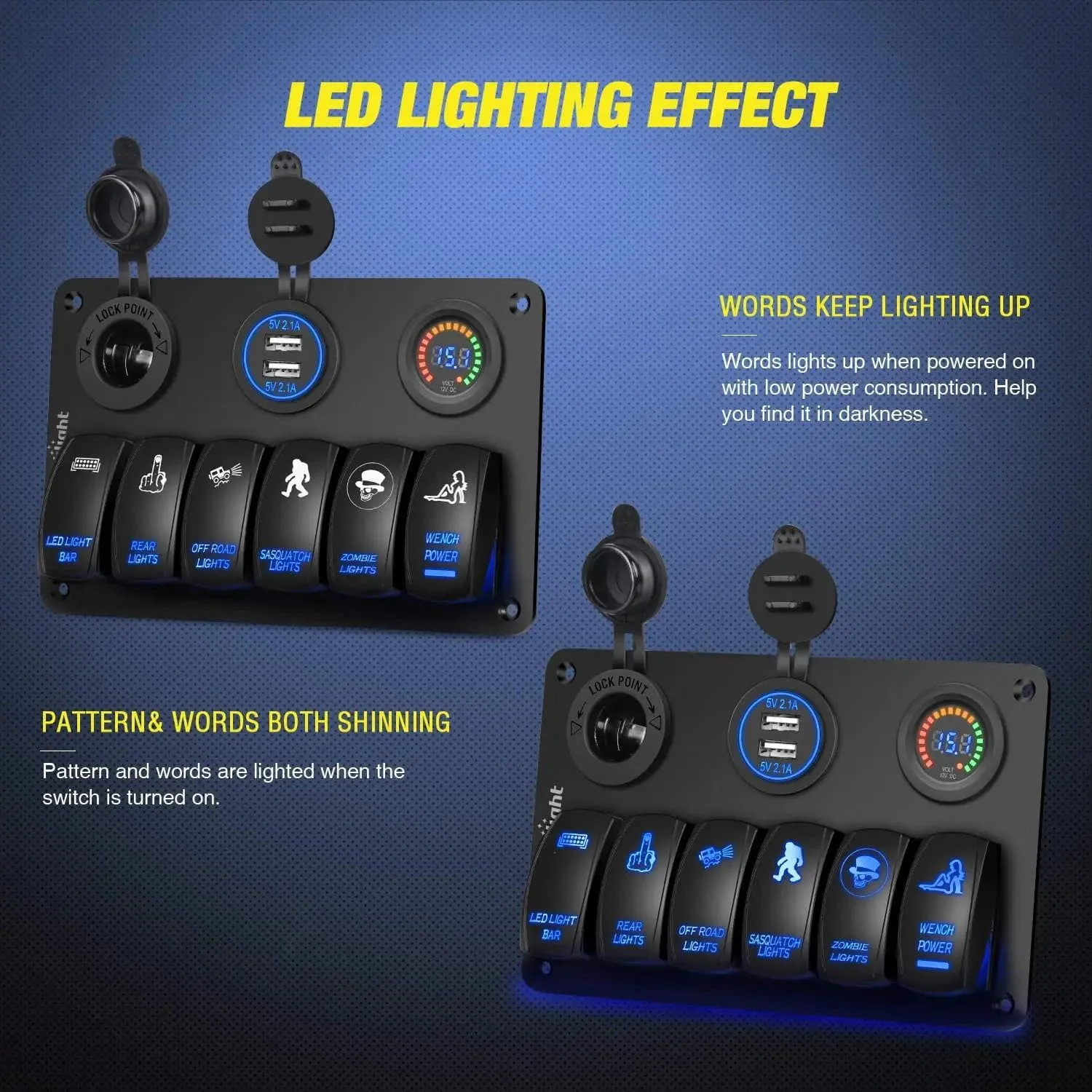 6Gang Aluminum Laser ON/Off Blue Rocker Switch Panel w/ Dual USB Charger Cigarette Voltmeter