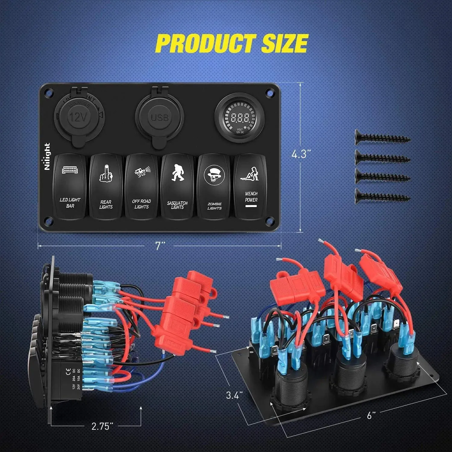 6Gang Aluminum Laser ON/Off Blue Rocker Switch Panel w/ Dual USB Charger Cigarette Voltmeter