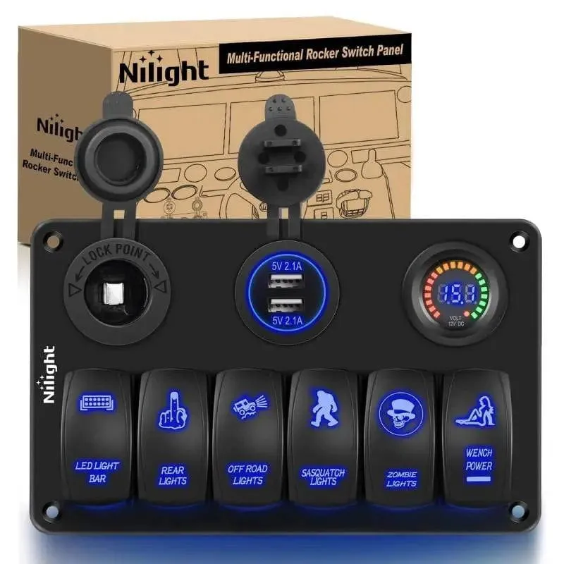 6Gang Aluminum Laser ON/Off Blue Rocker Switch Panel w/ Dual USB Charger Cigarette Voltmeter