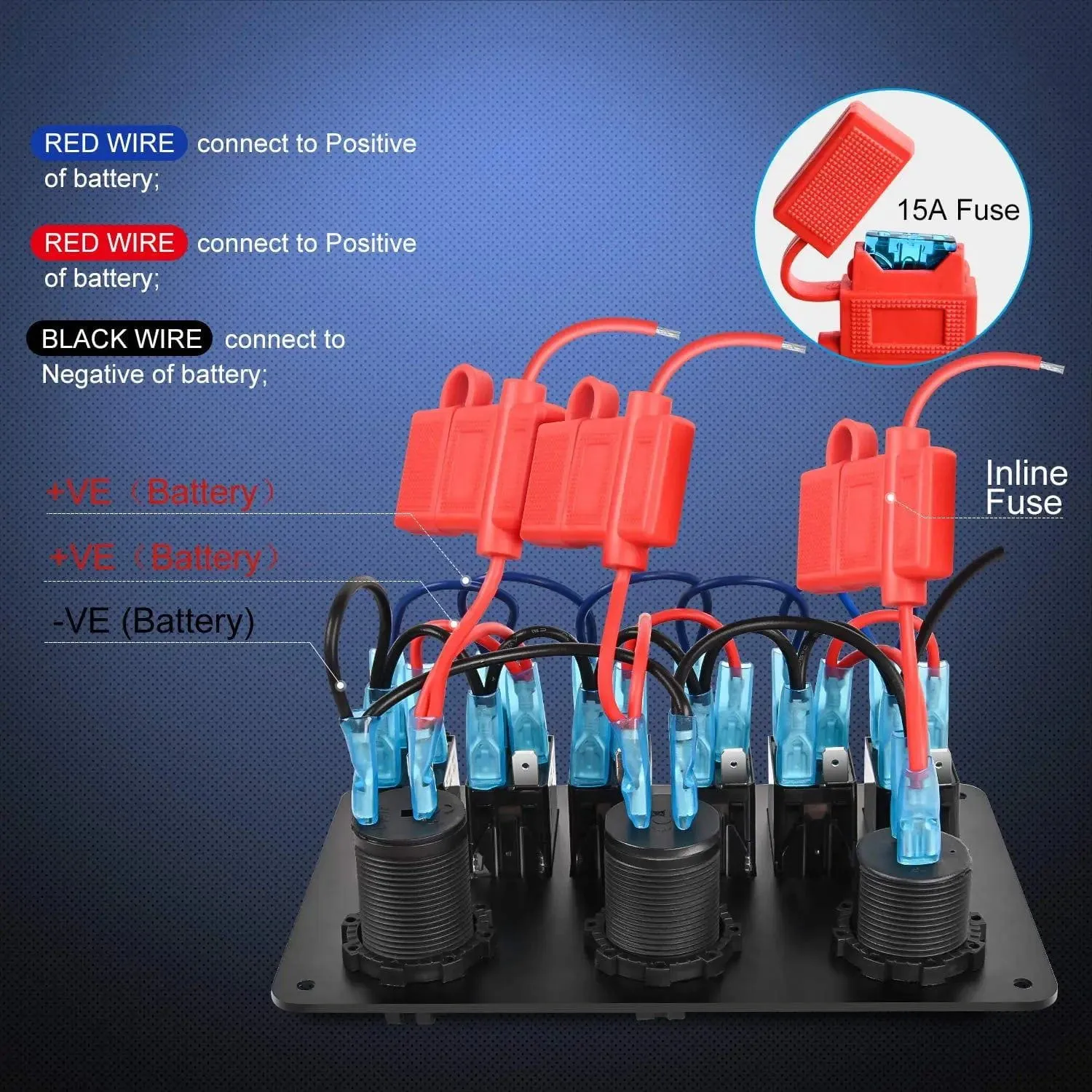 6Gang Aluminum Laser ON/Off Blue Rocker Switch Panel w/ Dual USB Charger Cigarette Voltmeter