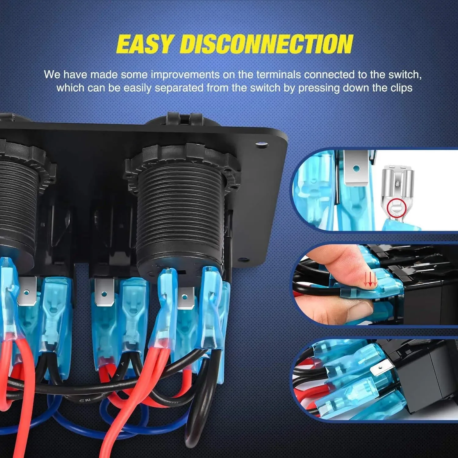 6Gang Aluminum Laser ON/Off Blue Rocker Switch Panel w/ Dual USB Charger Cigarette Voltmeter