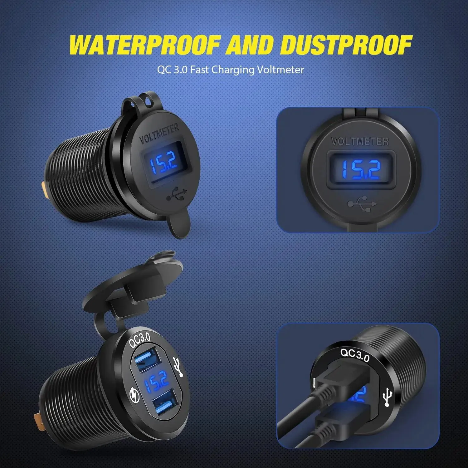 6Gang Aluminum ON/Off Blue Rocker Switch Panel w/ QC 3.0 Dual USB Charger Voltmeter