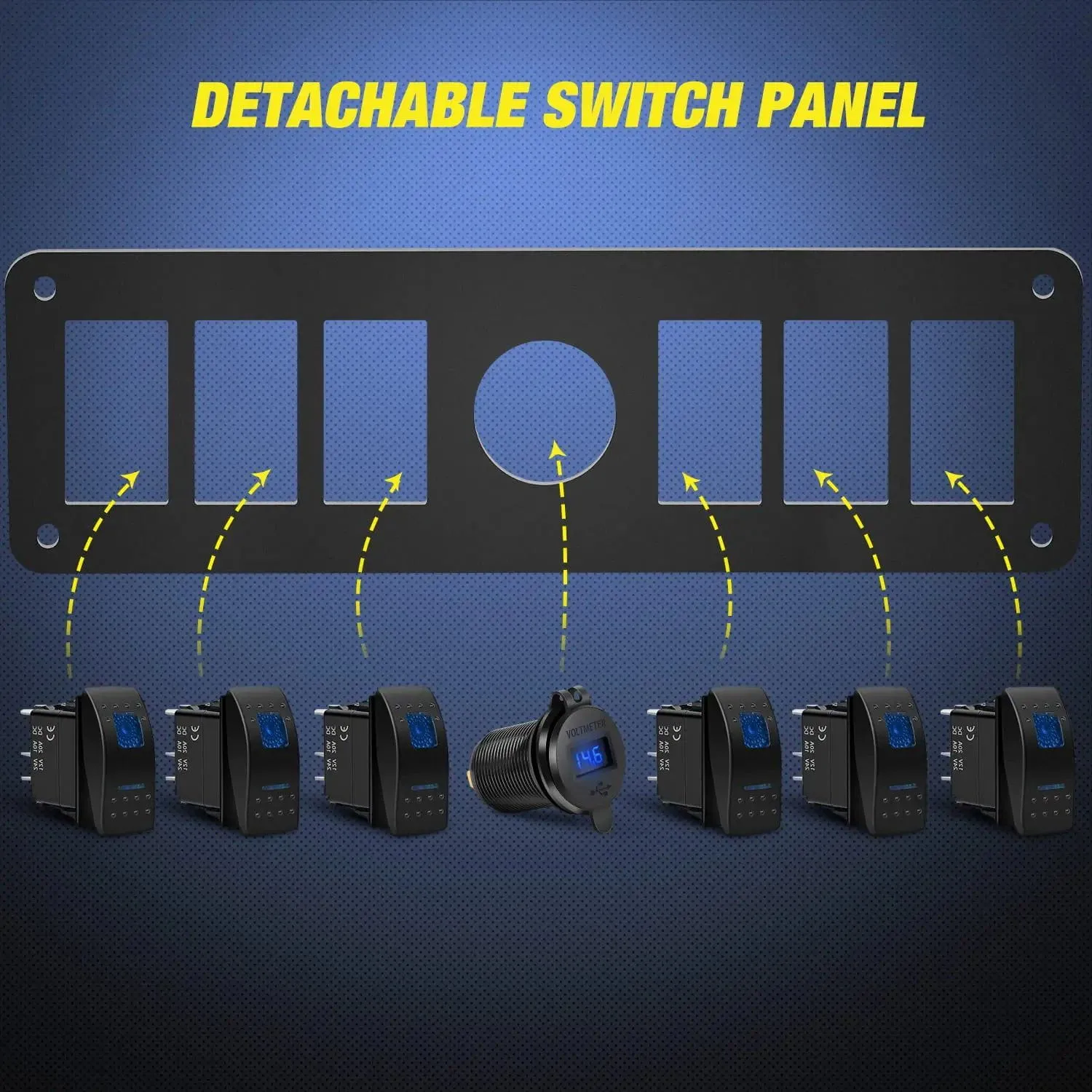 6Gang Aluminum ON/Off Blue Rocker Switch Panel w/ QC 3.0 Dual USB Charger Voltmeter