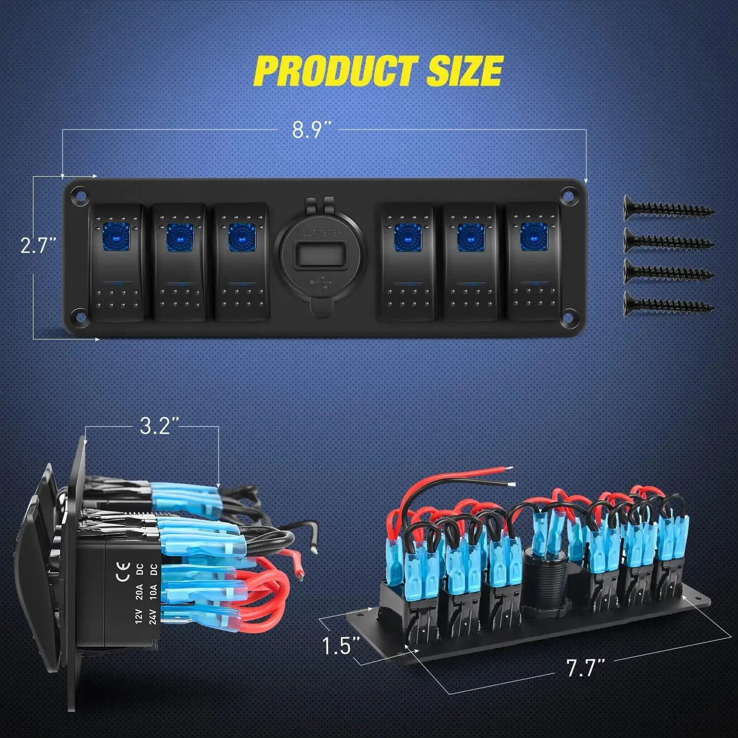 6Gang Aluminum ON/Off Blue Rocker Switch Panel w/ QC 3.0 Dual USB Charger Voltmeter