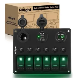 6Gang ON/Off Green Rocker Switch Panel w/ Dual USB Cigarette Lighter Socket Voltmeter