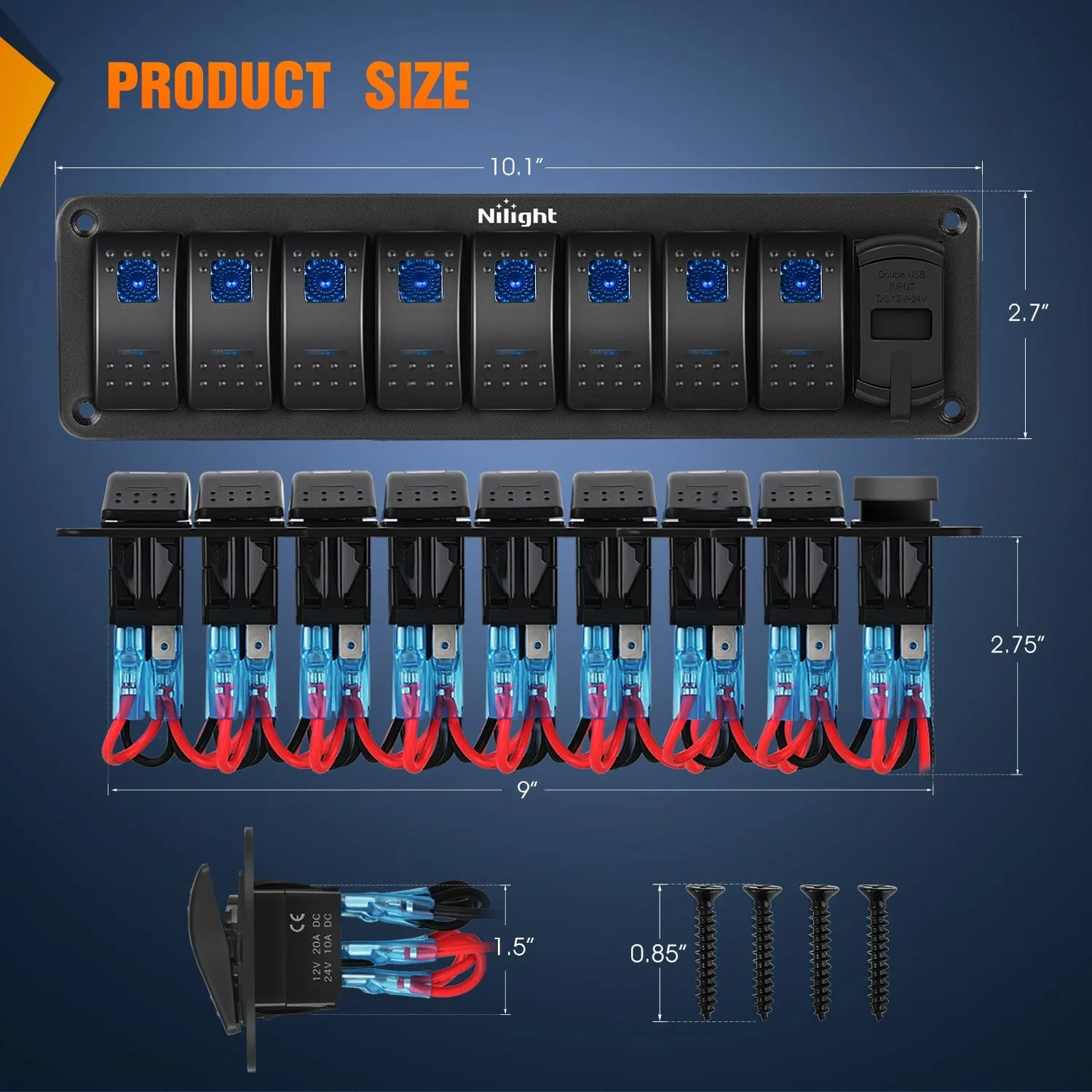 8 Gang Switch Panel With Qc3.0 & Pd Charger And Voltmerter with Blue Backlit