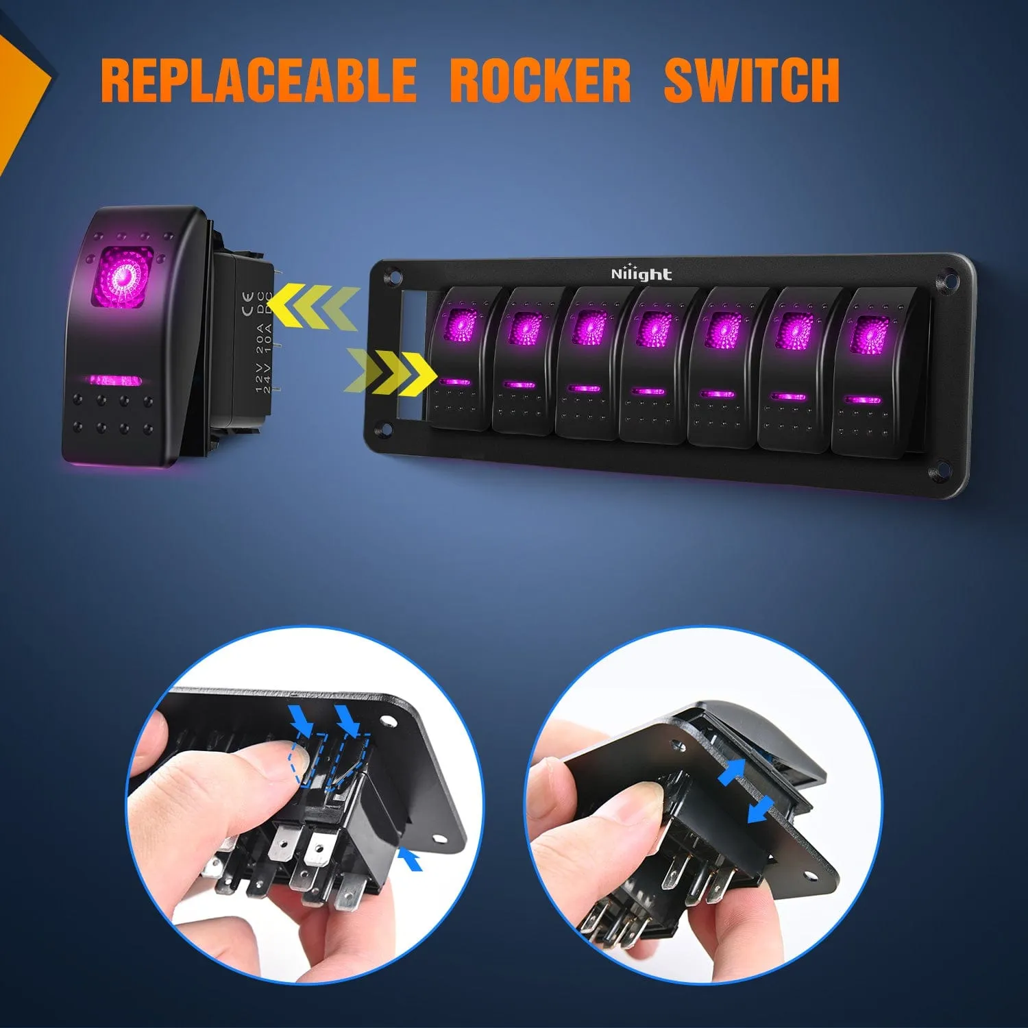 8Gang Aluminum 5Pin ON/Off Rocker Switch Panel Purple