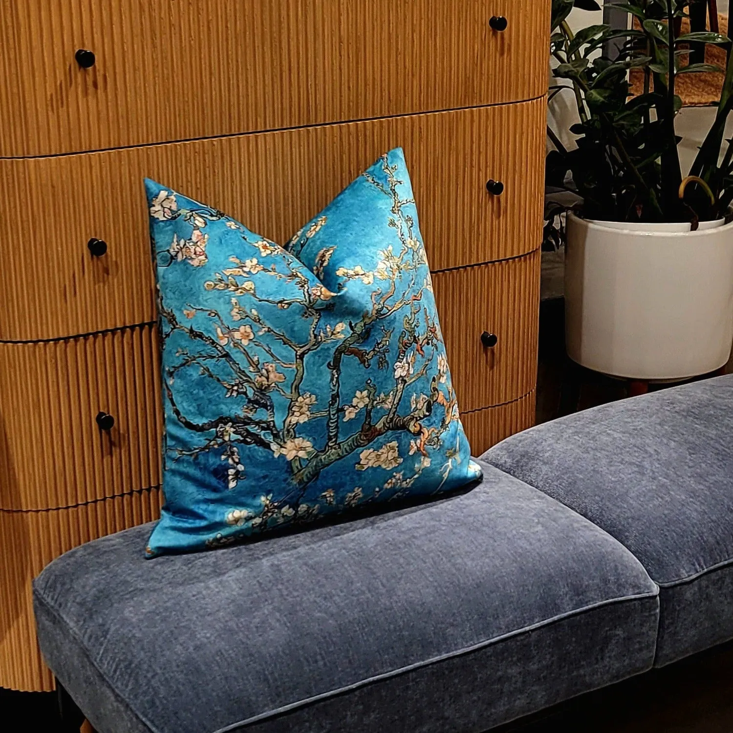 ALMOND BLOSSOM VELVET CUSHION, BLUE