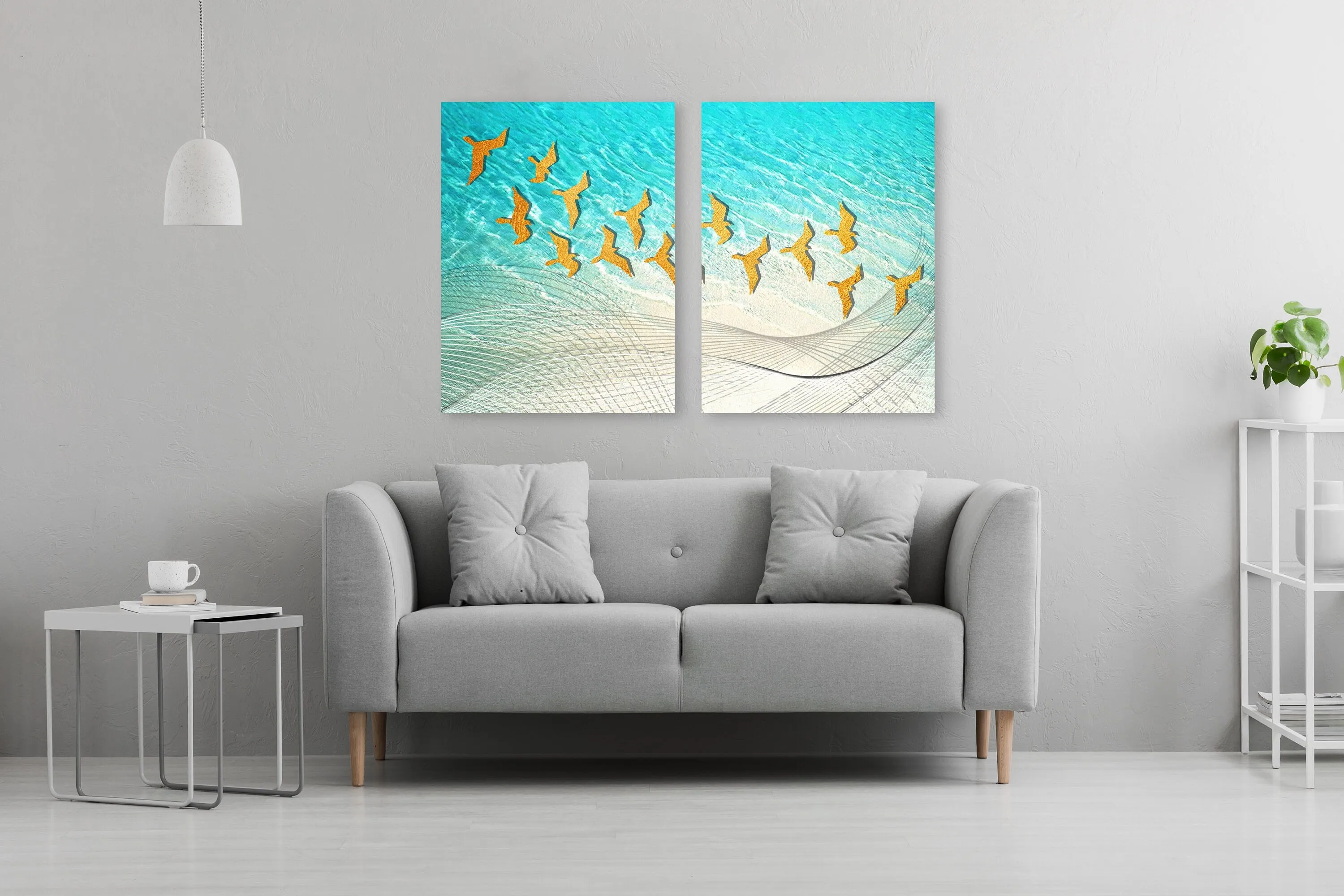 Blue and gold wall art, seascape painting, birds wall art, abstract canvas extra large wall art, blue prints wall art bedroom canvas prints