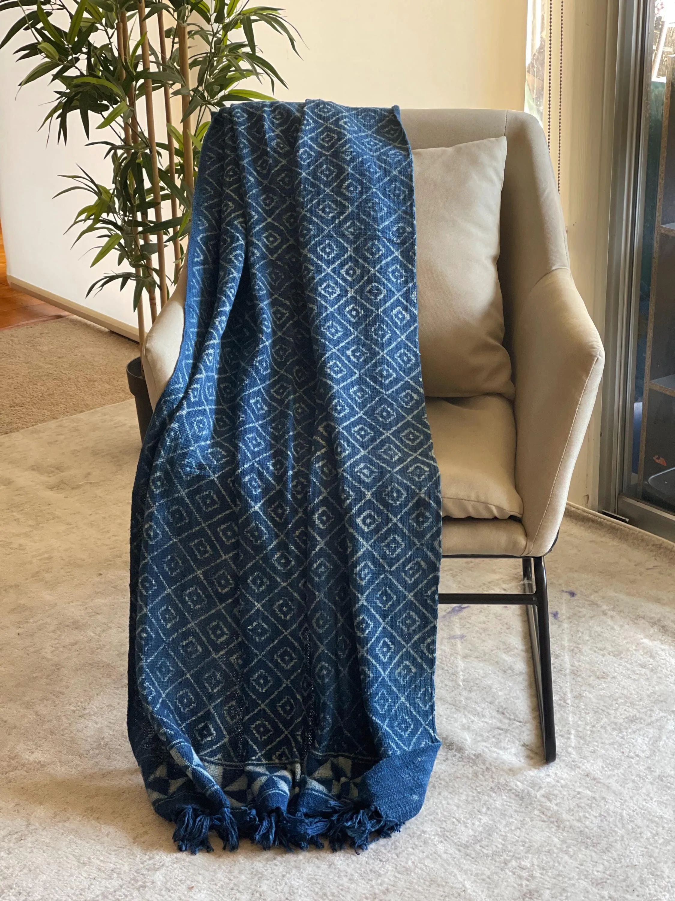 Blue Indigo Throw Blanket, Mud Cloth Throw for Couch, Indigo Throw Blanket with Tassels, Block Print Throw, Boho Home Decor, Gift for Her