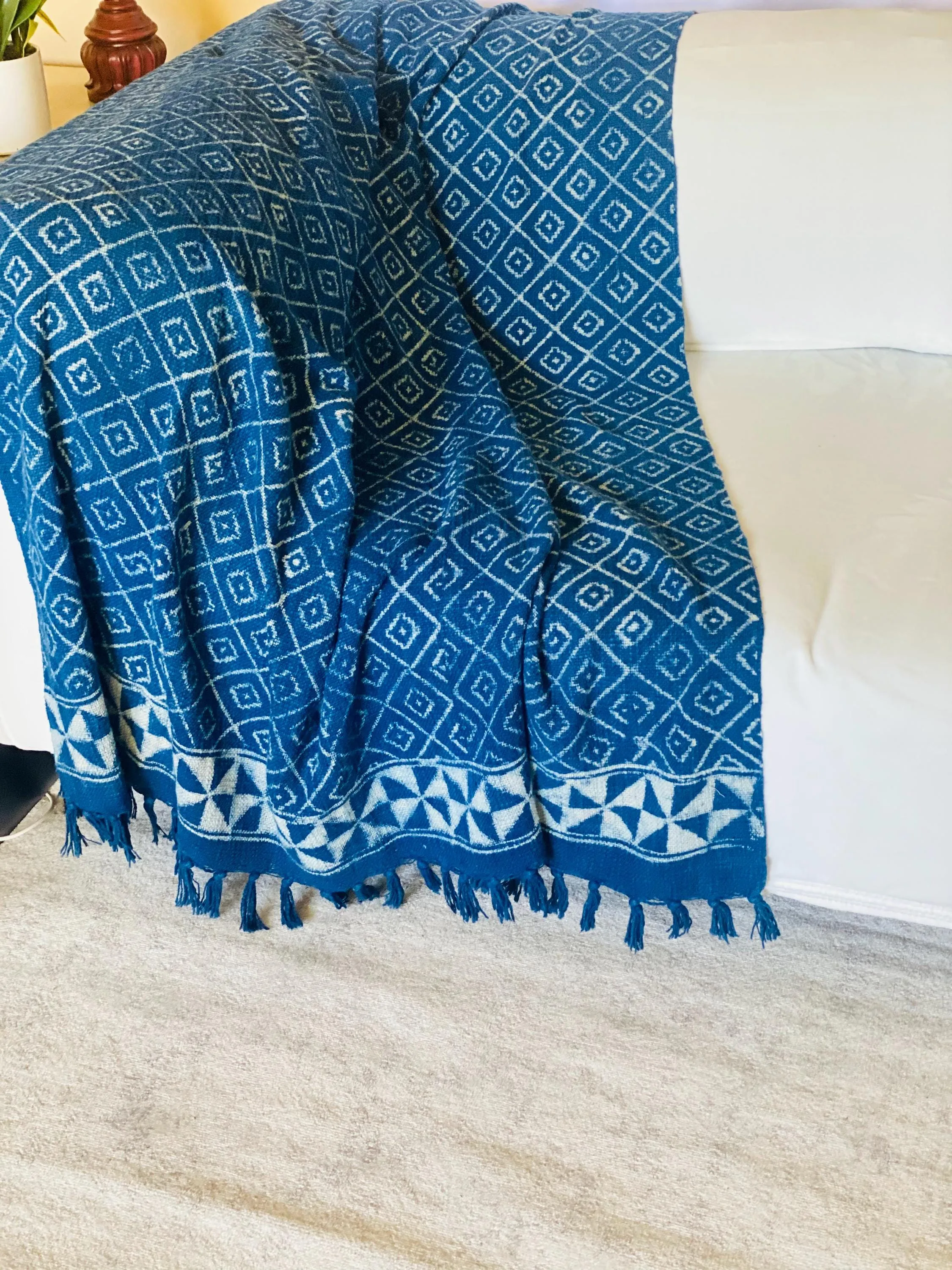Blue Indigo Throw Blanket, Mud Cloth Throw for Couch, Indigo Throw Blanket with Tassels, Block Print Throw, Boho Home Decor, Gift for Her
