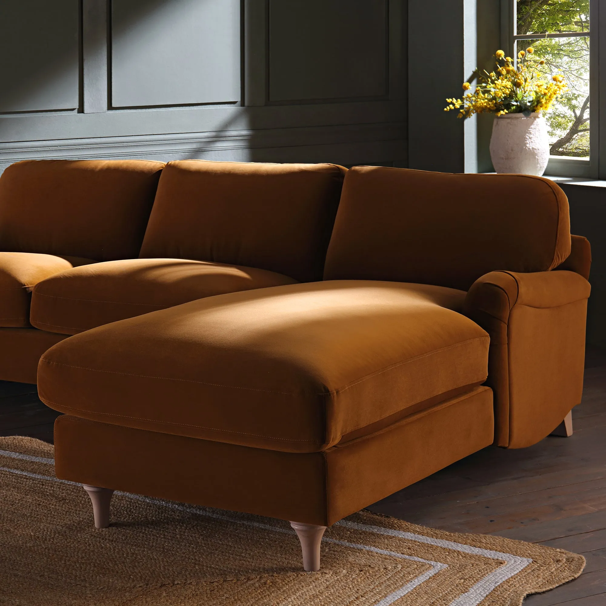 Luxurious Daphnis Cinnamon Velvet Grande Right-Hand Chaise Sofa
