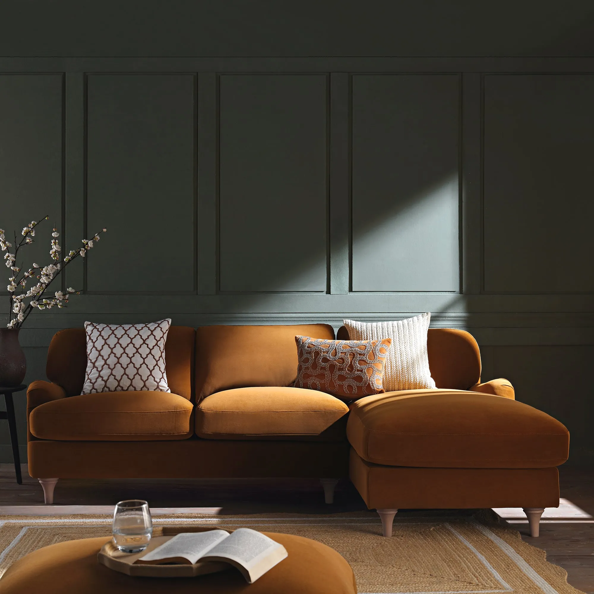 Luxurious Daphnis Cinnamon Velvet Grande Right-Hand Chaise Sofa