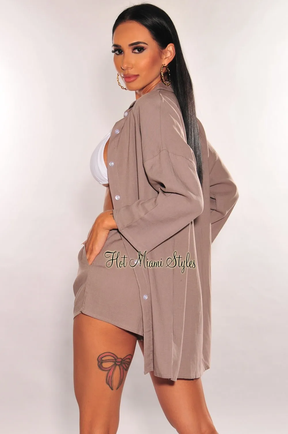 Dusty Taupe Linen Collared Button Up ¾ Sleeves Shorts Two Piece Set