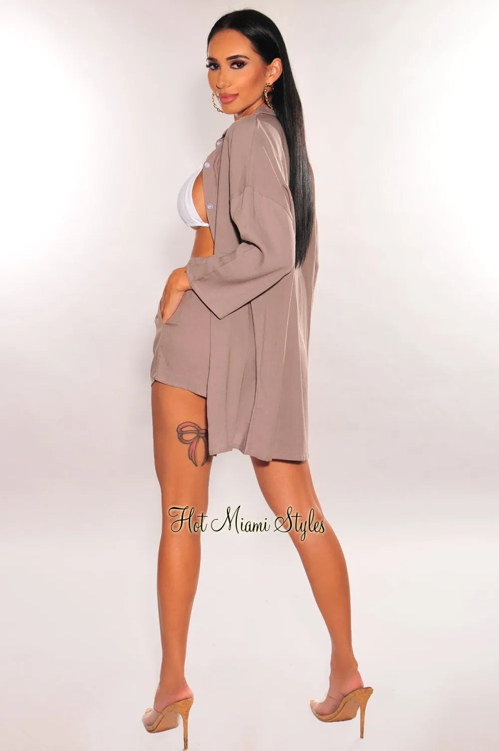 Dusty Taupe Linen Collared Button Up ¾ Sleeves Shorts Two Piece Set