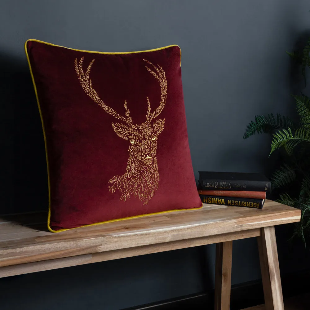 Forest Fauna Woodland Stag Square Cushion Burgundy/Gold
