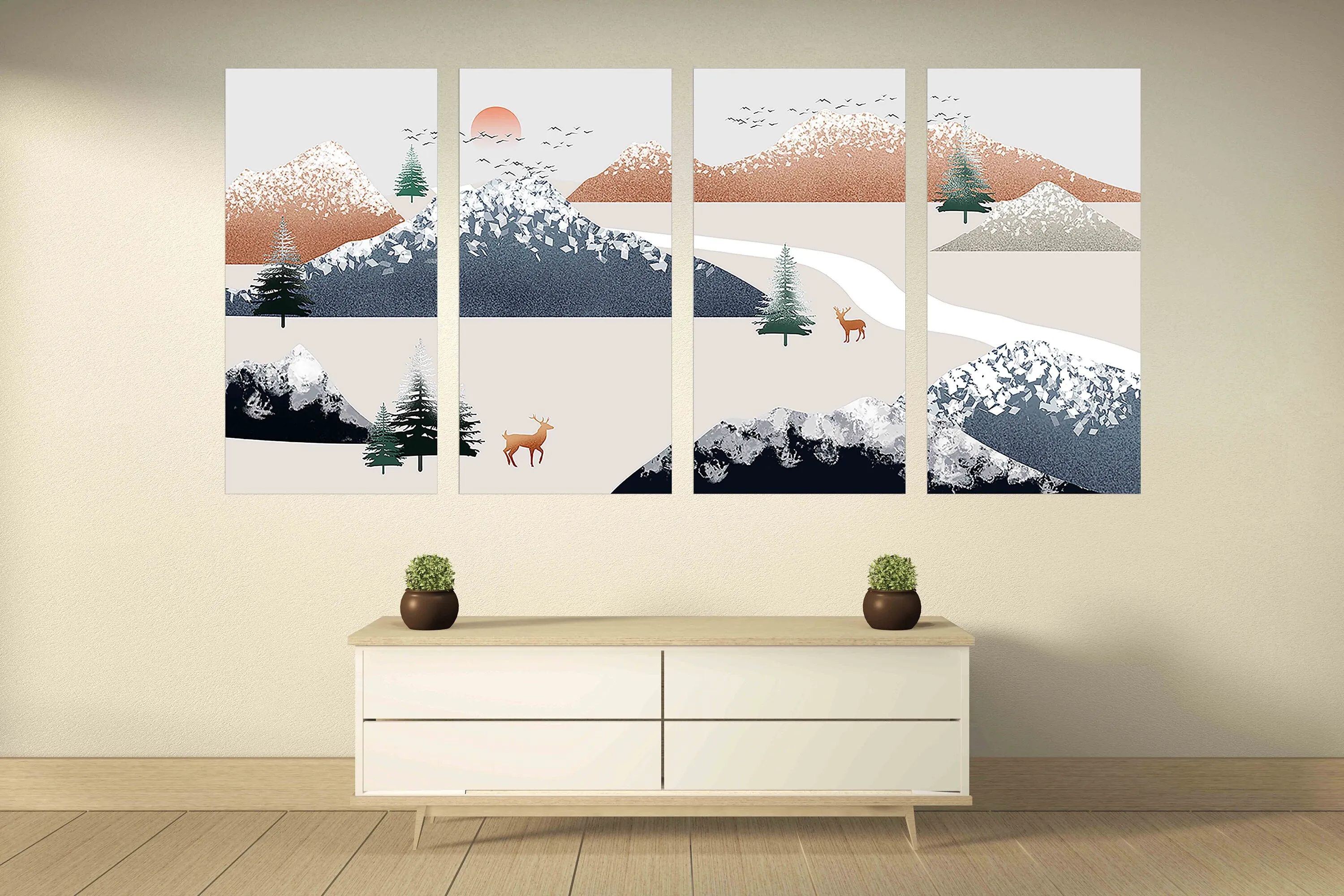Framed wall art mountains Golden deer Rocks and mountains Smoky mountains wall art 3 panel canvas Home wall decor