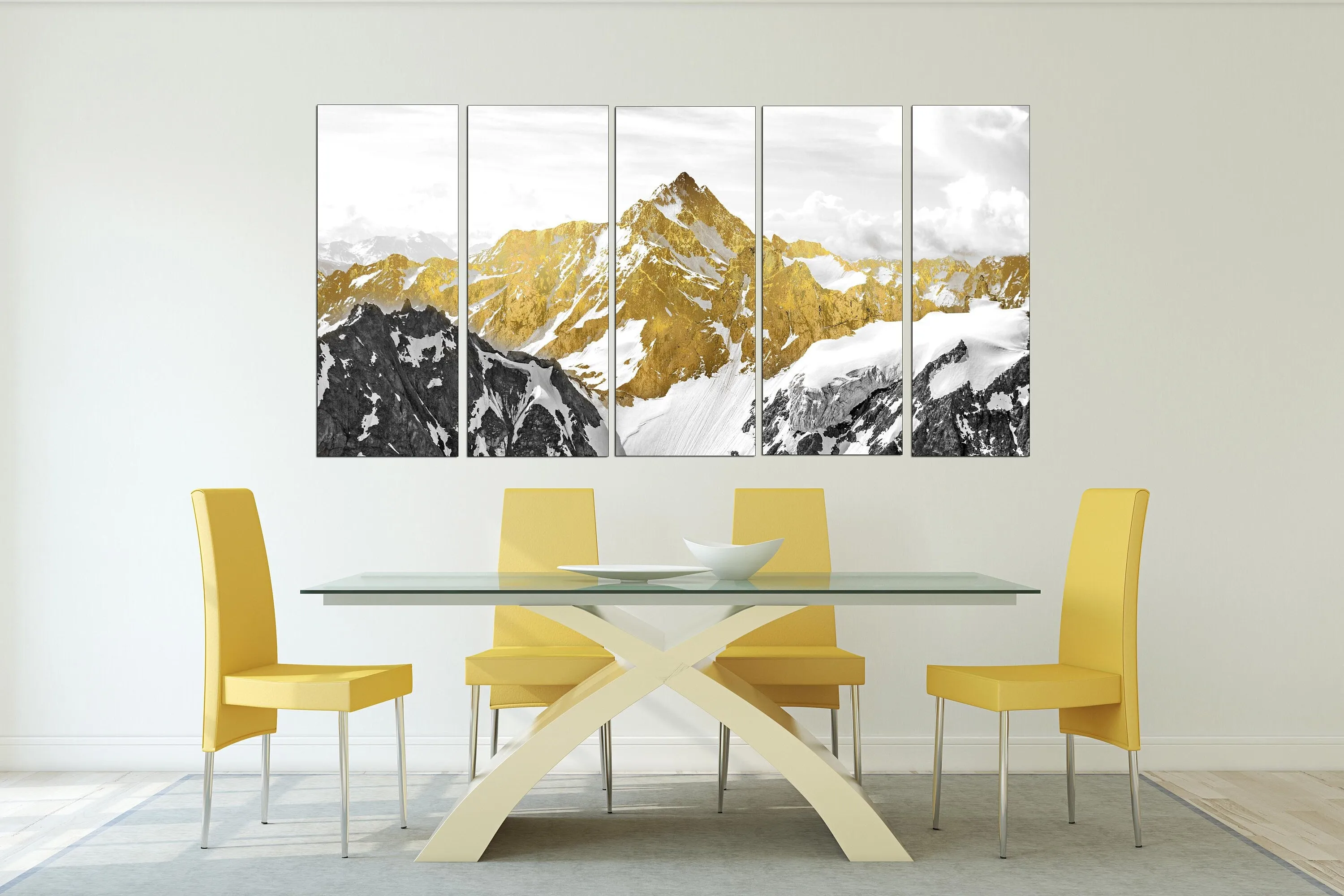 Gold mountains wall art paintings on canvas, wall pictures mountains, nature wall art, home wall decor, mountain art print
