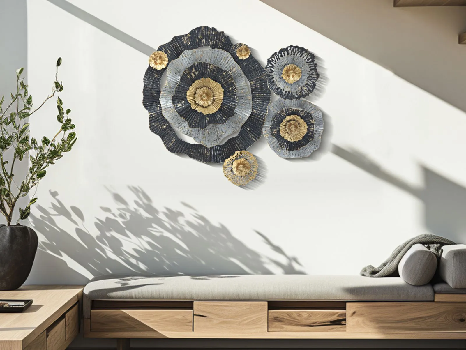 Golden & Balck & Grey Flowers Wall Decor