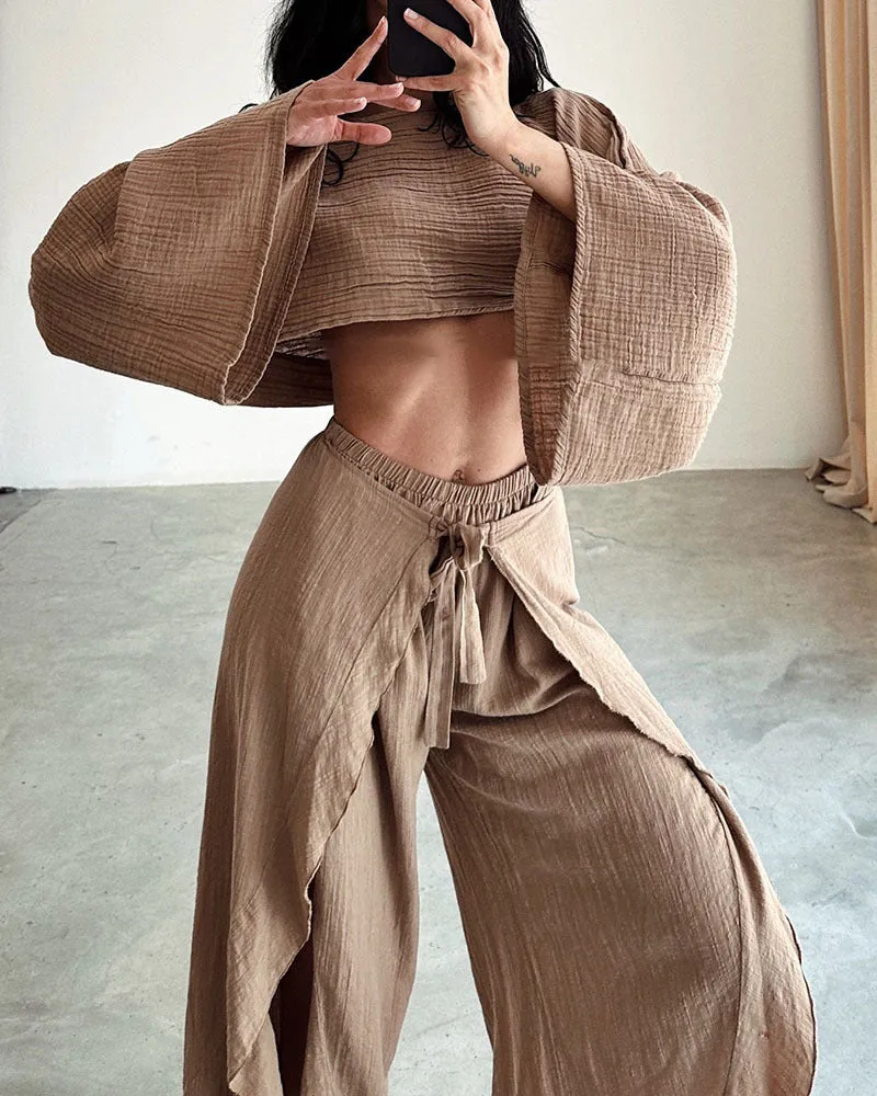 Linen Blend Crop Top Elastic Waist Ruffled Pant Set