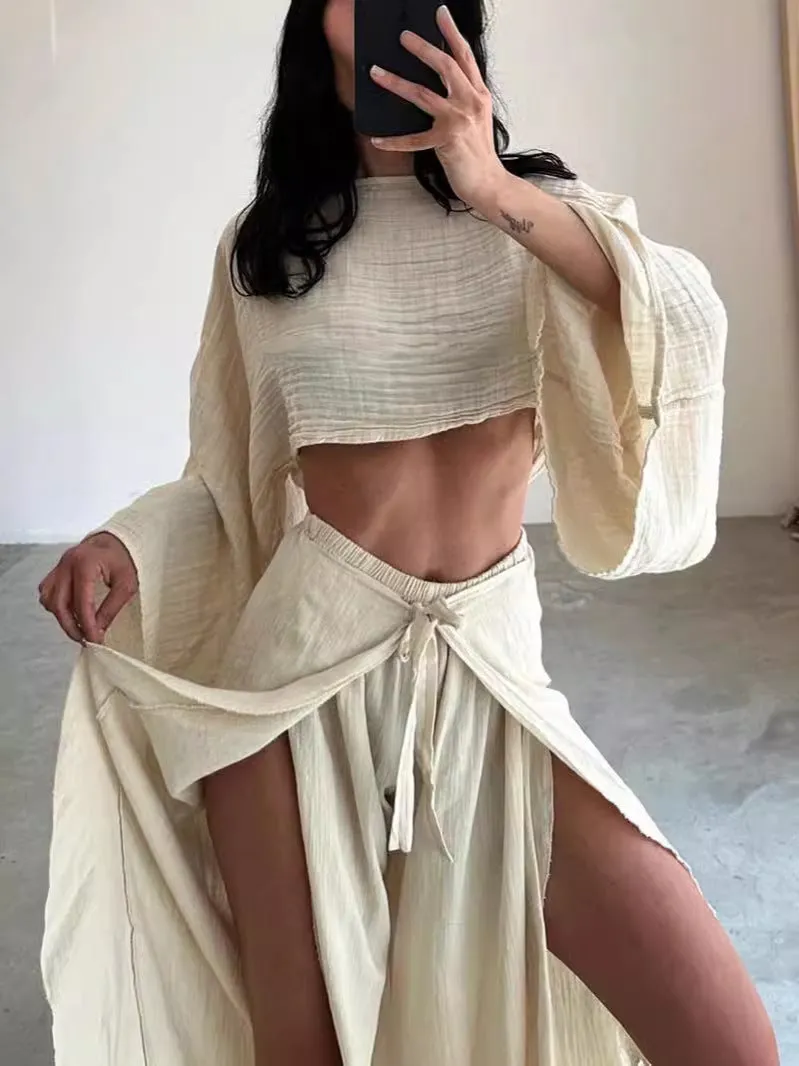 Linen Blend Crop Top Elastic Waist Ruffled Pant Set