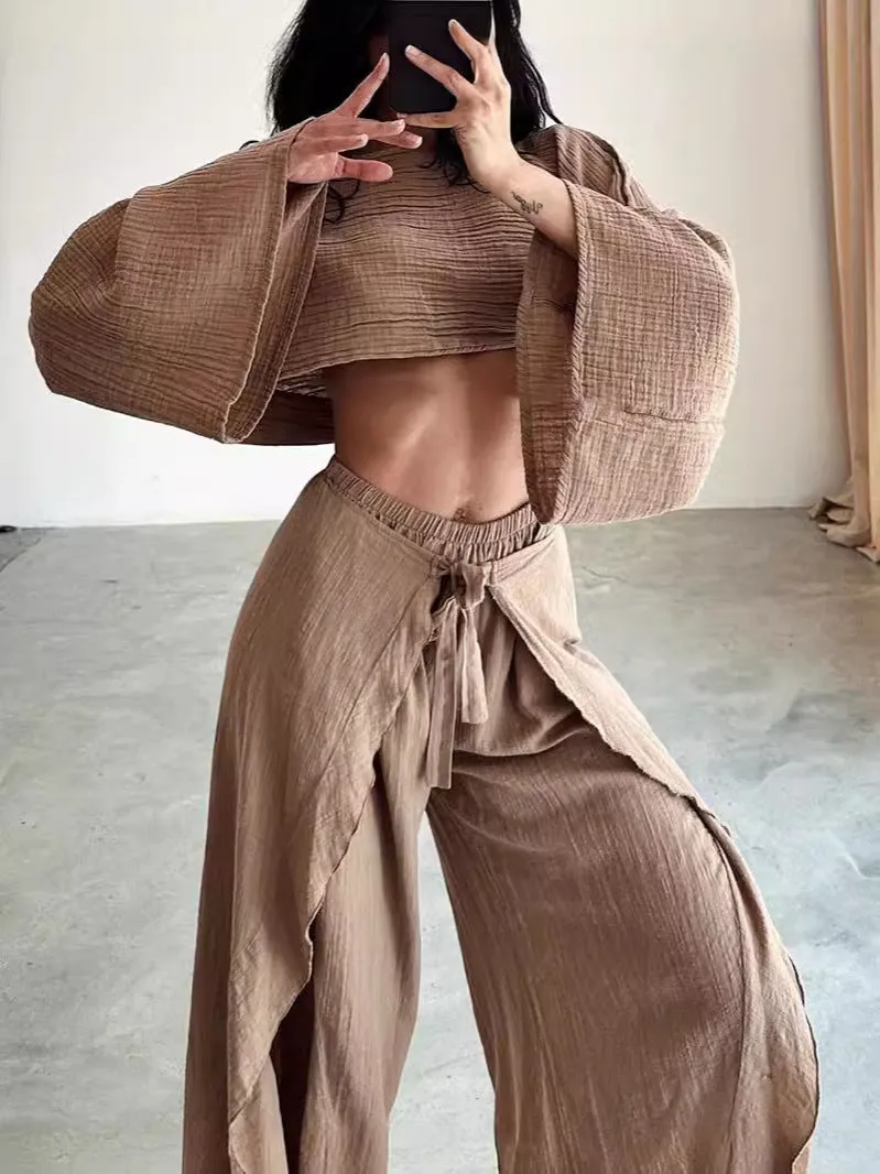 Linen Blend Crop Top Elastic Waist Ruffled Pant Set