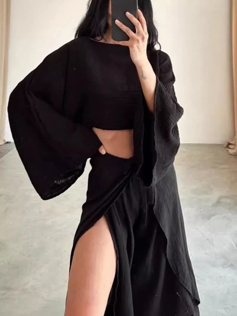 Linen Blend Crop Top Elastic Waist Ruffled Pant Set